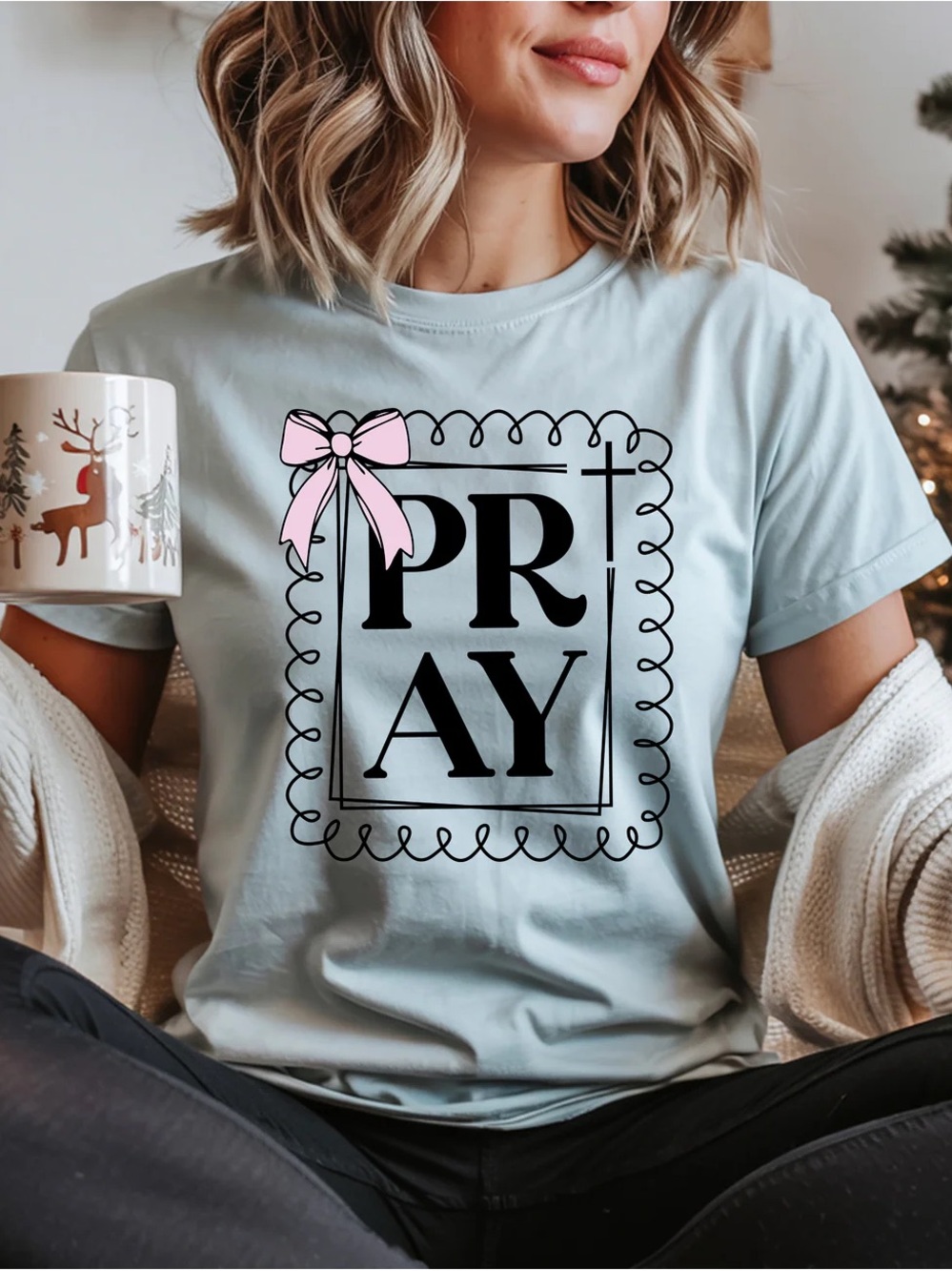 Light Blue PRAY Graphic Tee with Pink Bow